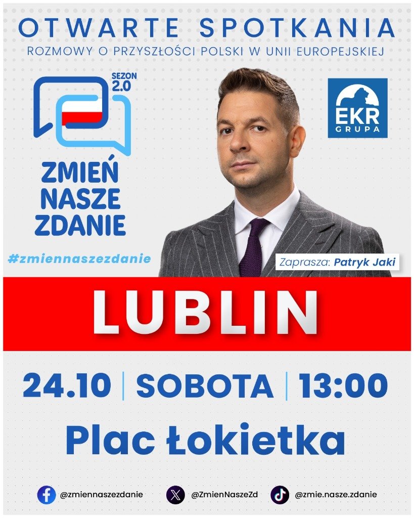 Plakat spotkania Zmień Nasze Zdanie w Lublinie: 24 października 2026, godz. 13:00, Plac Łokietka. Zaprasza: dr Patryk Jaki.